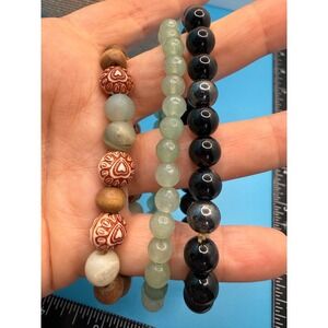 Set of 3 Beaded Stretch Bracelets Green Stone Black Hematite Wood Boho Stack